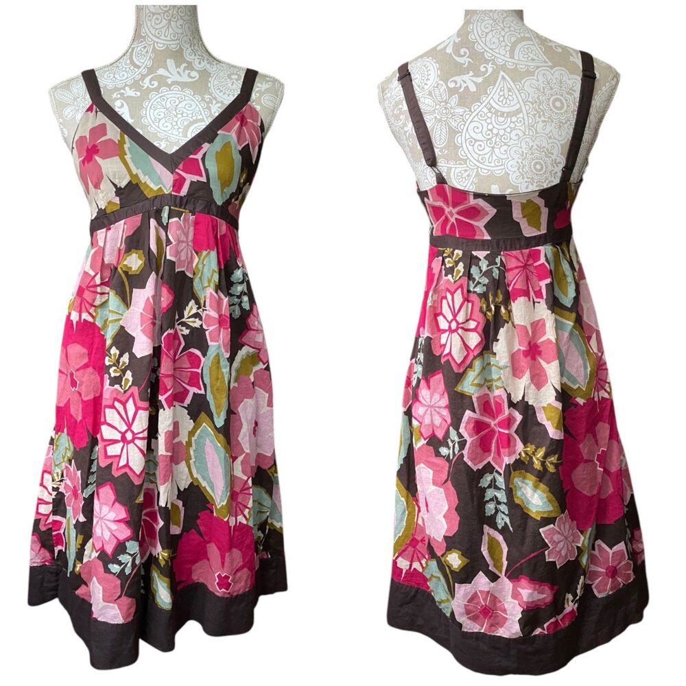 Lucy & Laurel babydoll brown multi-floral boho hippie midi sun dress size 8 Med